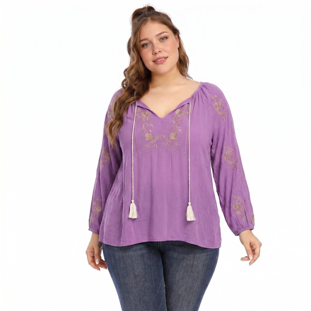 Chic Soul Blouse Womens 1X Purple Embroidered Tassel V-Neck Long Sleeve‎ Top